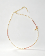 Delicate pearl and pink crystal necklace with gold chain and butterfly charm, natural gemstone jewelry for women