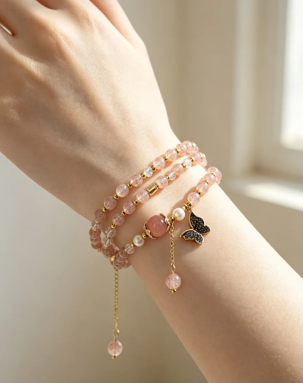 Pink crystal bracelet set with butterfly charm, natural gemstone beads for women, healing energy accessory