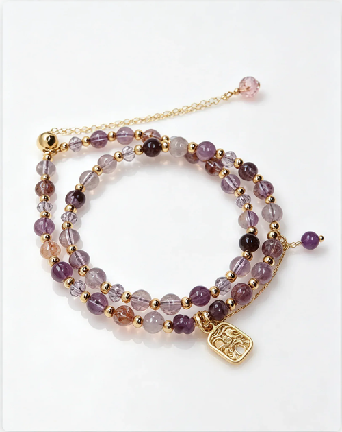Purple amethyst crystal bracelet with gold beads and charm, natural gemstone healing accessory for women