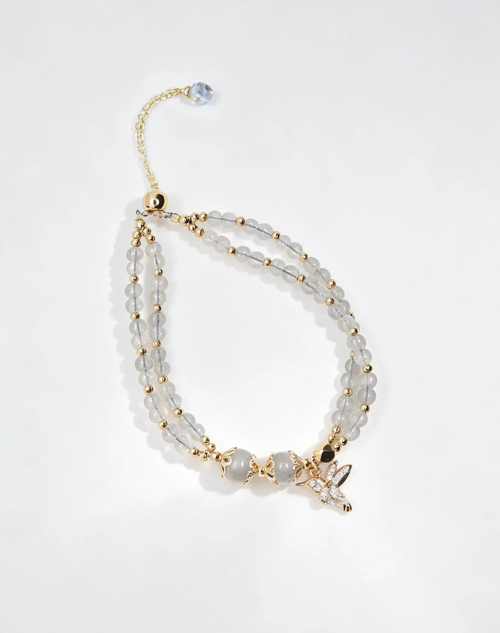 Double strand natural crystal bracelet with gold beads and hummingbird charm, healing gemstone accessory for women