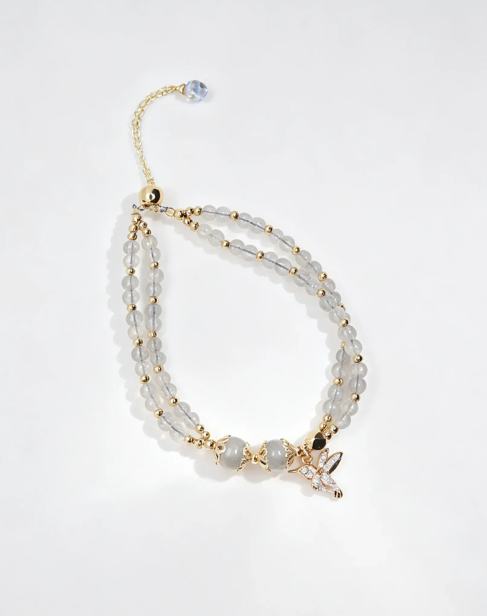 Double strand natural crystal bracelet with gold beads and hummingbird charm, healing gemstone accessory for women