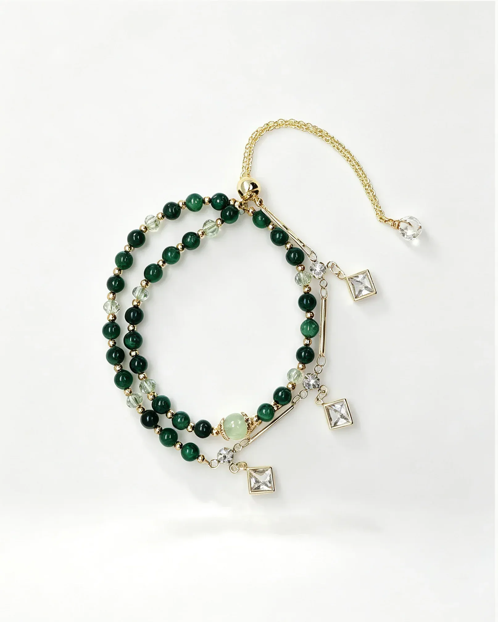 Green gemstone bracelet with gold chain and crystal charms, natural healing crystal jewelry for women