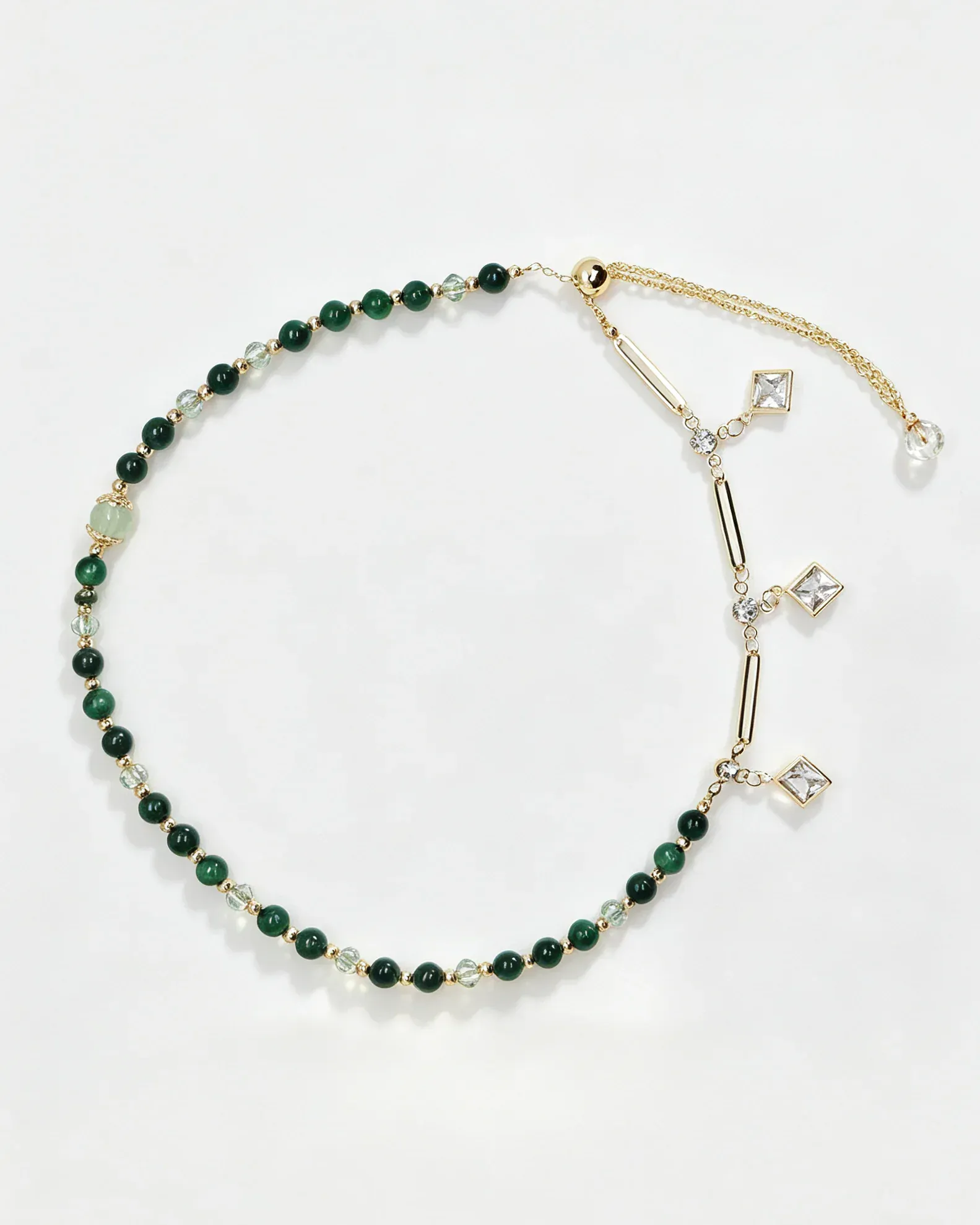 Green crystal bracelet with gold chain and square charms, natural gemstone healing accessory for women