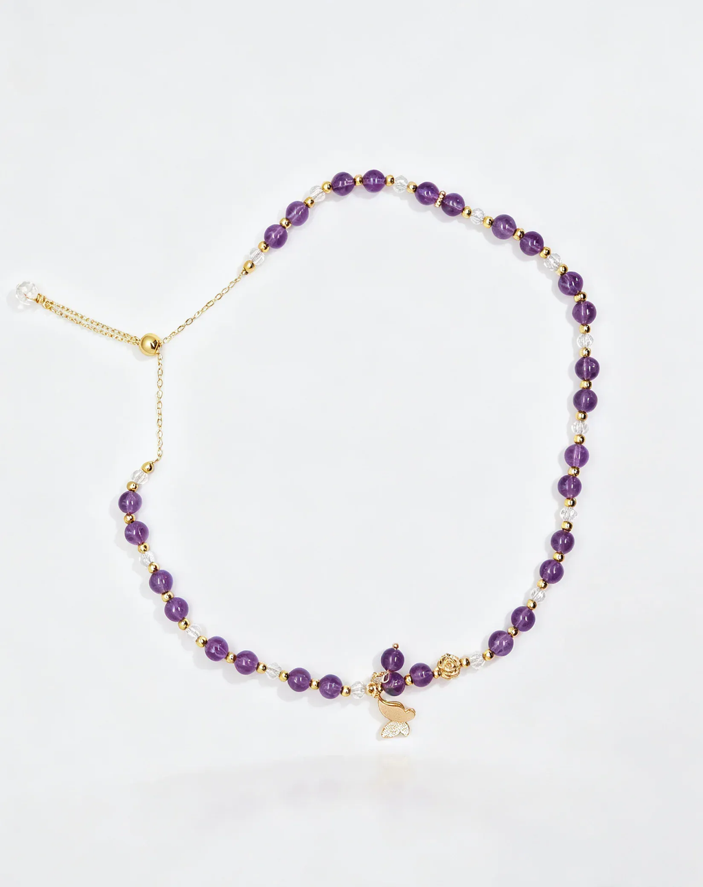 Amethyst and clear crystal beaded bracelet with gold mermaid charm, handcrafted healing gemstone accessory for women