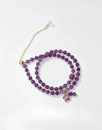 Purple amethyst crystal bracelet with gold chain and flower charm, natural gemstone healing accessory for women