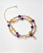 Layered amethyst and citrine crystal bracelet with gold beads for positive energy and healing